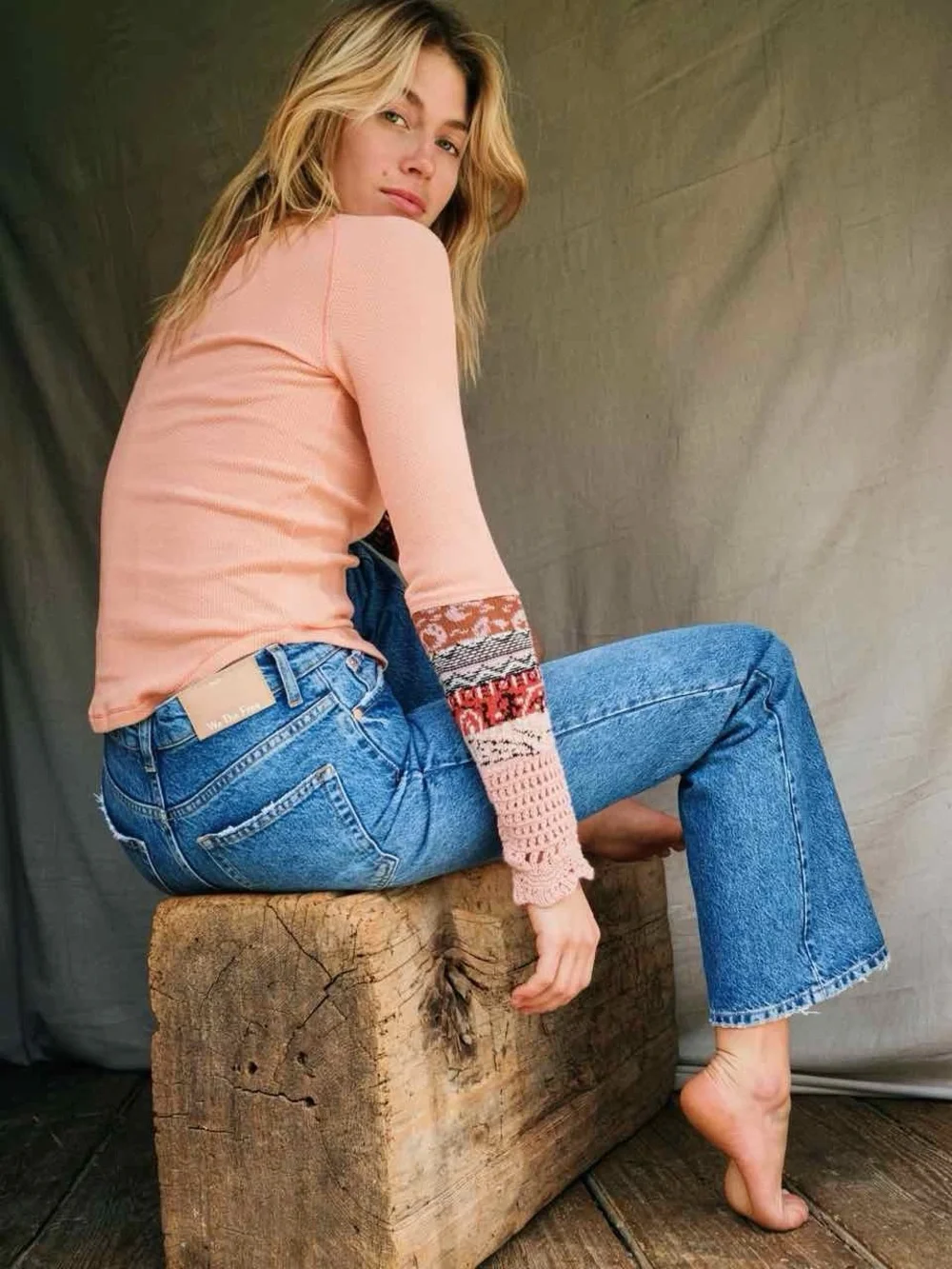 Free People In The Mix Cuff Thermal Top Desert Orange Combo Boho Women L